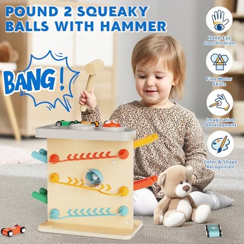 Wooden Car Ramp Race Track 2-in-1 Pound Ball Toddler Toy Ball Drop Baby Toy Set Gift for 1 2 3 Year Old Boys Girls Montessori Developmental Learning Activity Interactive Birthday Present - Image 4