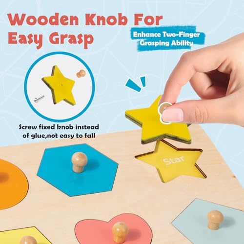 Montessori Toy for Babies 12-18 Months Wooden Shape Puzzles for Toddlers 1-3,Shape Peg Puzzles,Baby Puzzle 12-18-24 Months with Knob,Color & Shape Sorter for Toddlers(12 Geometric Shapes) - Image 4