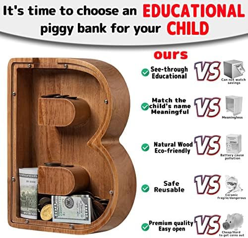 Personalized Large Wooden Kids Letter Piggy Bank - (Laser Engraved) Custom Piggy Bank for Boys Girls - Wooden Banks with Initials - Alphabet Money Box Bank Birthday Letter B Bank - Image 4