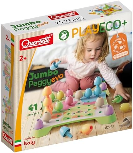 Quercetti: PlayEco+ Jumbo Peggy Evo - Pegs Stacking & Color Matching Toy, Illustrated Cards & Linking Boards, Animal & Vehicle Scenes, Toddler-Kid 2+ by Quercetti