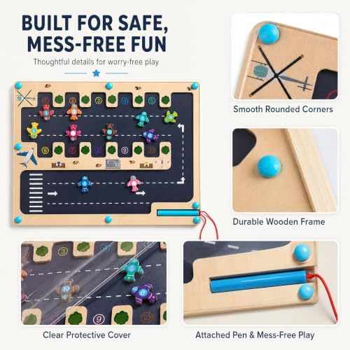 Magnetic Number Maze Toy for Toddlers Ages 3-5, Wooden Airport Parking Puzzle with Magnetic Pen, Montessori Counting & Number Matching Learning Toy, Fine Motor Skills Activity for Boys Girls 3 4 5 - Image 5