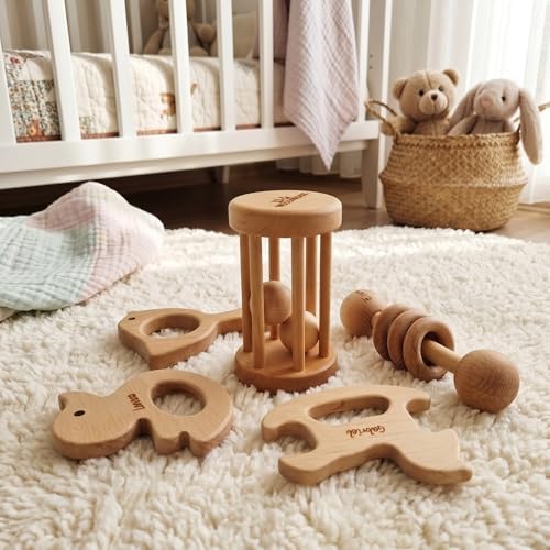 Personalized 5 Pieces Wooden Baby Toys for Babies 0-6-12 Months Rattle, Teethers Customized Wood Teething Toys Gifts for Baby, Teething Toys Baby Rattles 0-6 Months Montessori Toys for Babies - Image 6