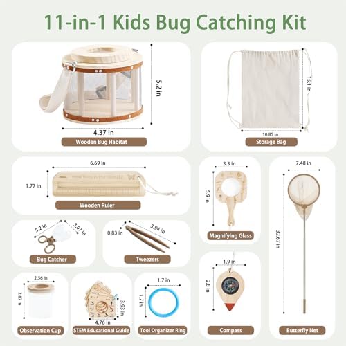 Wooden Bug Catcher Kit for Kids Ages 3-8, 11PCS Outdoor Nature Explorer Kit with Bug Habitat, STEM Educational Guide, Butterfly Net & Magnifying Glass, Montessori Catching Toy & Camping Gift - Image 6