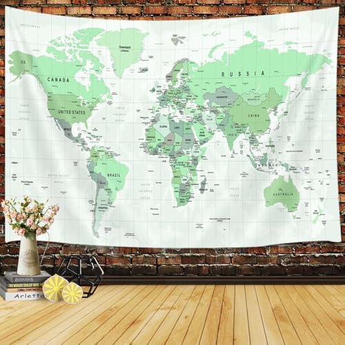 World Map Wall Art for Kids, Educational Tapestry with Countries and Major Cities, Asia, Europe, America, Africa, Japan - 80x60 Inch (Green) by JAWO