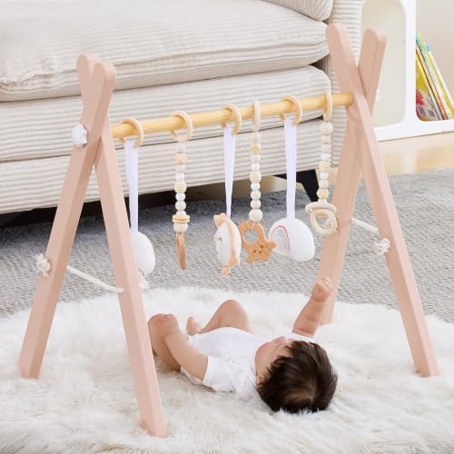 Foldable Wooden Baby Play Gym with 6 Sensory Toys – Montessori Activity Center for Newborns, No-Tool Assembly, Natural Wood Indoor Gym for Infant Motor Development & Tummy Time (Pink) by WOODCITY