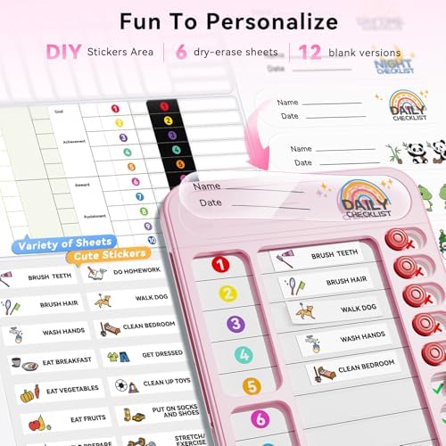 Chore Chart for Kids ADHD Tools to Do List Checklist Magnetic Planning Board with Sliders, Visual Schedule Board with Dry Erase Sheets, Sticker, Marker, Routine Chart for Kids - Pink - Image 3