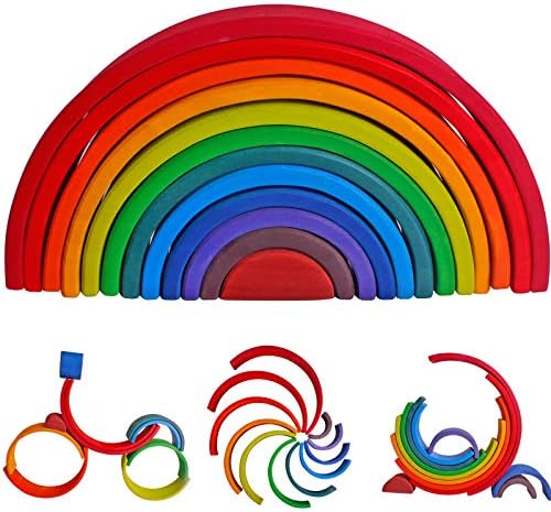 Dinhon Wooden Rainbow Stacking Toys, 12 Pcs Wood Building Blocks Set Wooden Building Blocks Nesting Puzzles, Early Matching Educational Learning Montessori Toys for Kids 3 4 5 6 Years and Up by Dinhon