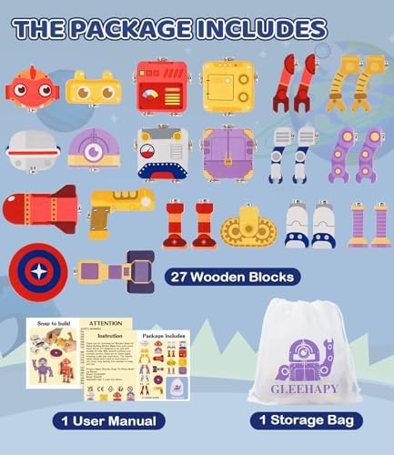 Fine Motor Building Robot Blocks for 3 4 5+Years Kids, Wooden Snap Builders - Image 6