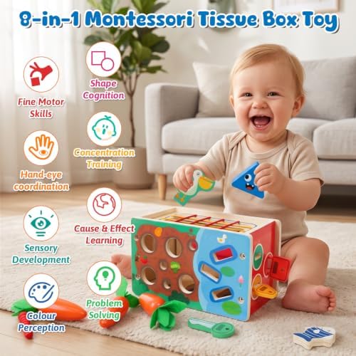 Ancaixin 8-in-1 Montessori Baby Tissue Box Toy for 12+Months, Activity Cube - Image 5