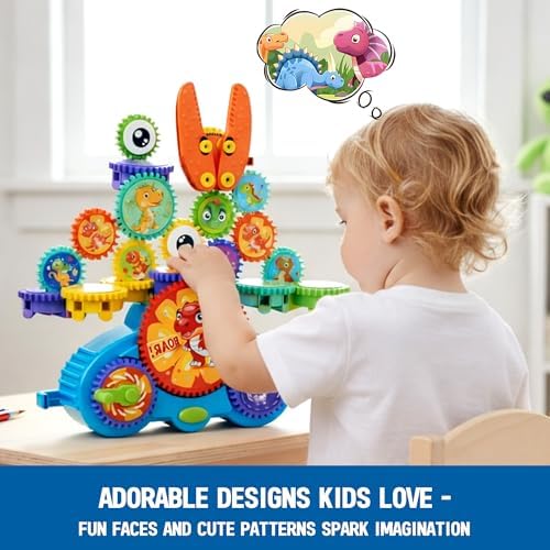 Motorized Gear Building Blocks Toys, Electric Dinosaur Spinning Set Ages 3-6, STEM Construction Kit, Fine Motor Cause-Effect Gift for Boys Girls - Image 4