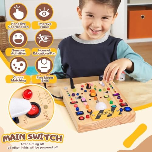 Busy Board with LED Light Switches, Montessori Toys for 1 2 3 Years Old, Toddlers Wooden Toy Sensory Activity Board, Travel Toys for 1+ Year Old Boy & Girl Birthday Gift (19 Switches) - Image 5