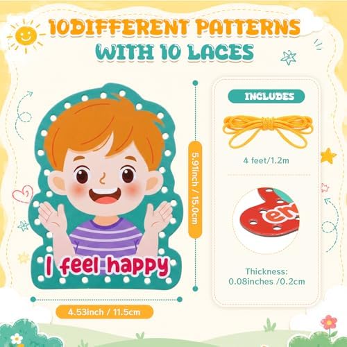 Funrous 10 Pieces Recognition Lacing Cards for Over Age of 6 Kids, Emotion - Image 2