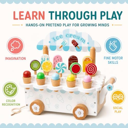 Wooden Ice Cream Cart Toy, Montessori Pretend Play Food Set with Popsicles, Lollipops & Ice Cream Cones, Pull Along Dessert Stand, Fine Motor Skills Gift for Toddlers Kids Ages 3+ - Image 6