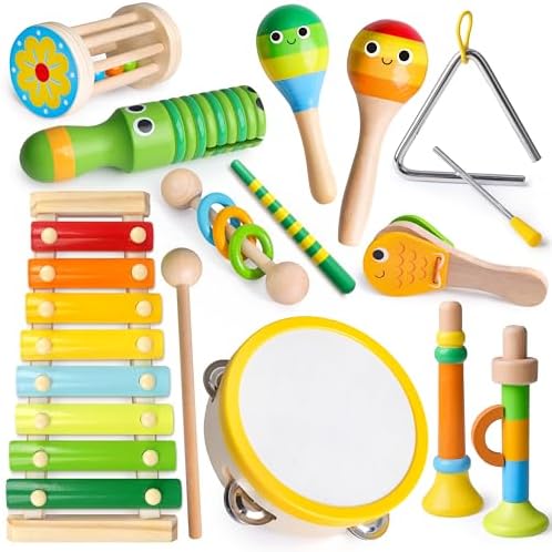Coogam Wooden Musical Instruments for Toddlers, Tambourine Xylophone Castanet Flute Maracas Playset, Wood Percussion Rhythm Music Toy, Montessori Educational Learning Gift by Coogam