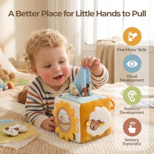 let's make Baby Tissue Box Toy, Farm Montessori Sensory Toys 6-12 Months, Play Silks & Crinkle Tissues with 3D Corduroy, Mirror, Squeaky Cow & Travel Clip - Fine Motor Skills Baby Girl Boy Gifts - Image 2