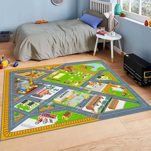 KC Cubs 5x7 Country Farm Construction Car Road Street Rug – Educational Carpet Play Mat for Kids, Toddlers, Nursery, Classroom, Playroom, Baby Daycare - Image 3