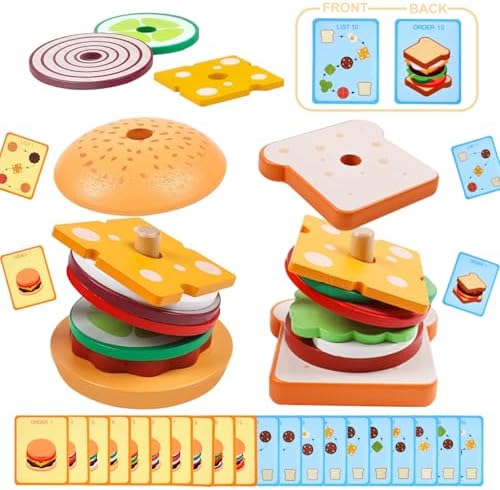 Montessori Toys for 2, 3 Year Old, Wooden Burger Sandwich Stacking Toys for Toddler Educational Toys Fine Motor Skills Foods Preschool Learning Blocks Gifts Boys Girls by PajojoqaToyPlay