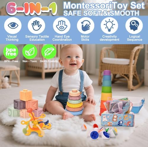 Baby Toys 6-12 Months,6-in-1 Montessori Toys for 6-9-12 Month old,Sensory Teething Toys Stacking Cups Building Blocks,Teething Pull String,Tissue Box Toys for Babies 6-12,18-24 Months Baby Gifts - Image 2