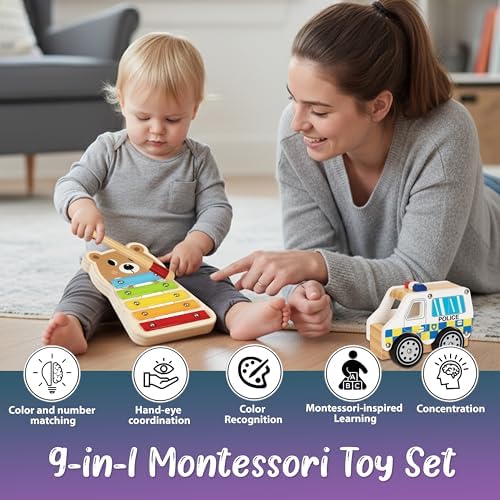 Pine Bunny Montessori Wooden 10-in-1 Toy Set for 19+ Months, Police Car, Triangular Lockbox, Cutting Fruits, Farm Cube Puzzle, Bear Xylophone, Educational Learning Problem Solving Music Toddler Toys - Image 6