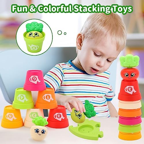 MOONTOY Baby Montessori Stacking Toys Learning Toys for 1 + Year Old 18pcs Plant Flower Pots & Puzzles Set, Color Sorting Toys for Toddlers 1-3, Birthday Gifts for 2 Year Old Girls Boys - Image 3