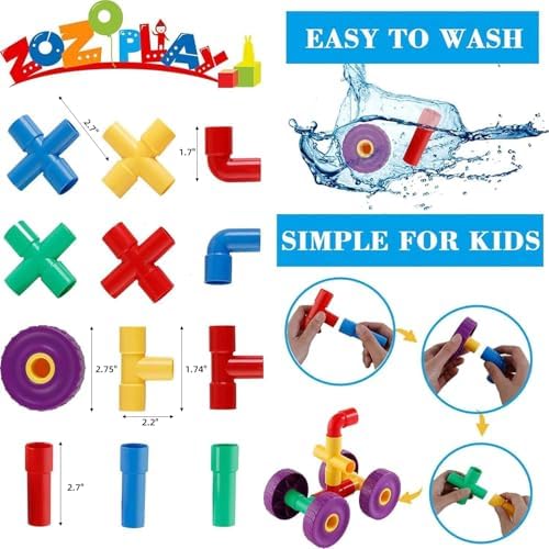 ZOZOPLAY STEM Learning Toy Tubular Pipes & Spouts & Joints 96 Piece Build Bicycle, Tank, Scootie, Moter Skills Endless Designs Educational Building Blocks Set for Kid Ages 3+ Multicolor - Image 6