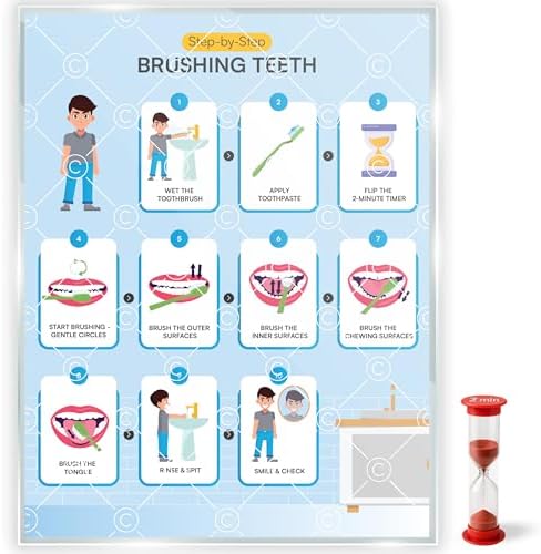 Brushing Teeth with Timer Chart Step by Step Laminated 9x12 Inch for Children Self Care Visual Chart Ideal for Special Needs and Autism (Brushing Teeth Chart with Sandtimer - English) by Buildingconfidencethroughdailyroutines