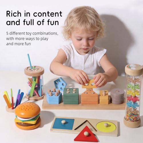 BESTAMTOY 5 in 1 Wooden Educational Learning Toy Set, Montessori Toys for 1 2 3 Year Old,Baby Rain Stick Sensory Fine Motor Skills Toys, Shape Sorter Stacking Puzzle Gifts for Toddlers Boys Girls - Image 6
