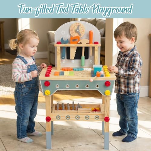 Kids Tool Bench with 86Pcs Accessories, Wooden Toddler Workbench for Boys Girls Age 3-5, Pretend Play Construction Tools Set with Saw Hammer Wrench Chalkboard & Large Storage - Image 5