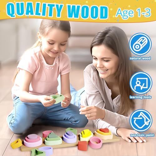 Symdiro Montessori Toys for 1 2 3 Year Old Boys Girls - Wooden Sorting & Stacking Toys for Kids - Toddler Toys Age 1-3 - Shape Sorter and Color Stacker Preschool Kids Gifts - Image 6