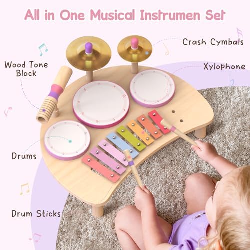 Kids Drum Set, Montessori Toys Wooden Musical Instruments for Baby Toddlers - Image 2