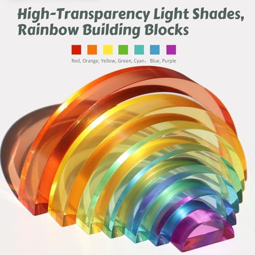 Dinhon Acrylic Rainbow Blocks Set - 7 Colors Graduated Arch Blocks, Gem Rainbow Stacker Toy for 1 2 3 4 5 Years Old Boys Girls Gift, Creative Building & Sensory Decorative Birthday Toy - Image 7