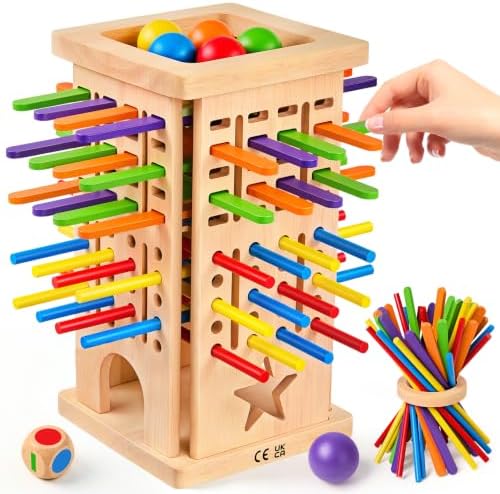 Montessori Wooden Board Games for Kids 4-6, 42 Sticks Ball Drop Dice Game by Unknown