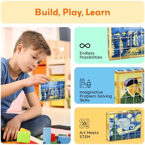 PicassoTiles 20pcs 1” Magnetic Puzzle Building Cubes Blocks for Kids, Van Gogh, Mona Lisa Hand Puzzle, STEM Magnet Toy Mix&Match Educational Popular Art Kids Toys 3+ Year Old boy Girl PMC20 - Image 4