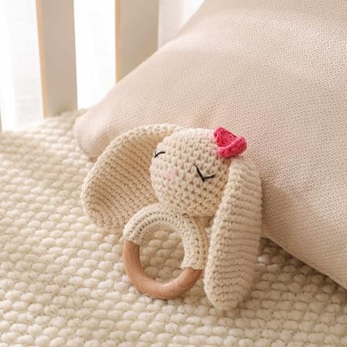 Natural Hand-Knit Wooden Baby Rattle - Soft Animal Shaped Sensory Toy for Newborns, Infants | Safe Beechwood & Crochet Texture | Perfect Baby Shower Gift - Image 7
