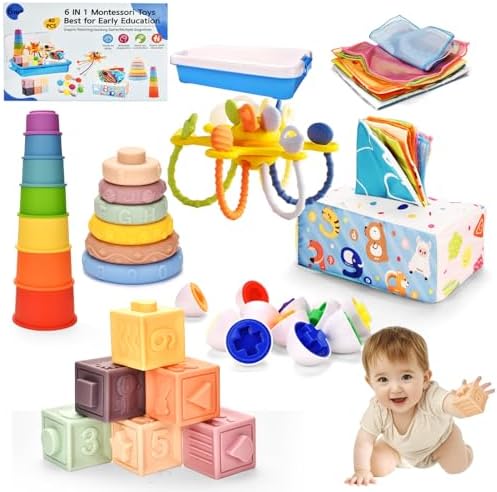Montessori Toy Set 6 in 1 Baby Toys 6 to 12 Months, Montessori Toy for Toddlers 1-3, Infant Teething Babies Toy Stacking Blocks Rings Pull String Toy by Majabike
