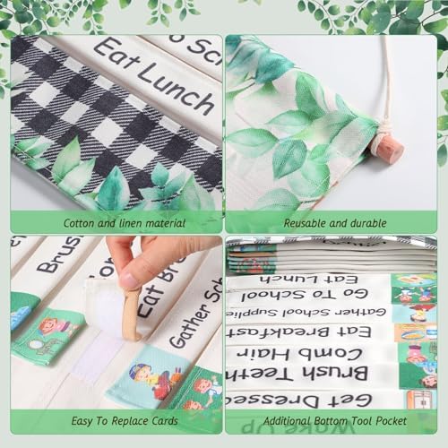 Blosssound Visual Schedule for Kids Daily Routine Chart Reversible Chore Chart Eucalyptus Morning Evening Routines Pocket Charts with 28 Cloth Cards for Home School Preschool Children with Autism - Image 4