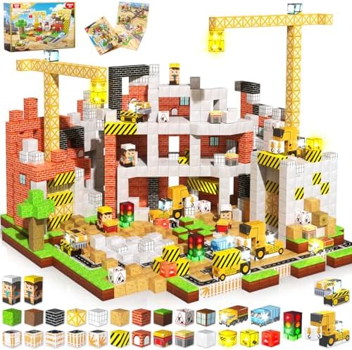 ToyUnited 200PCS Light Up Magnetic Blocks - Magnet Building Blocks, Stacking Magent Cubes Construction Theme, STEM Montessori Sensory Educational Birthday Gifts Toys for Kids Boys Girls Ages 3-12 by BuildCreateExplore