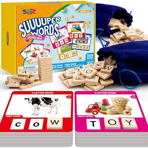 Word Spelling Game, 312 Wooden Letters Tiles & 300 Common Words for - CVC, CVCC, CCVC, Sight Word & First Word Learning, Montessori Early Educational Tool for Kids 4-9, Autistic Toys for Grades 1-3 by SpriteGru