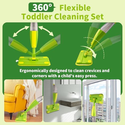 Kids Spray Mop, Fun & Functional Toddler Mop Cleaning Set,Real Working Mini Mop, Pretend Play Toy –Includes Spray Bottle,Washable Microfiber Pads, Montessori Kids Cleaning Toy Set -Green - Image 5