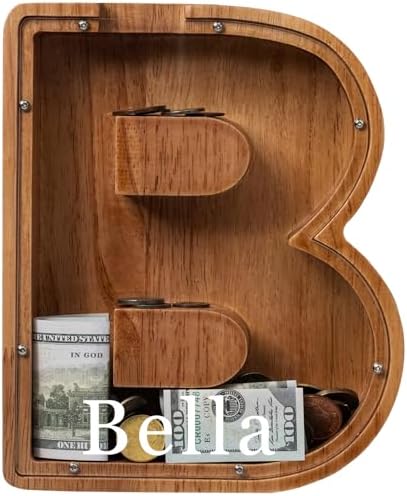 Personalized 12" Extra Large Wooden Letter Piggy Bank for Kids Boys Girls, (Laser Engraved Name) Custom Initial Letter Shape Piggy Bank, Alphabet Coin Bank Grandchildren Birthday by Ladenk