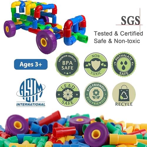 ZOZOPLAY STEM Learning Toy Tubular Pipes & Spouts & Joints 96 Piece Build Bicycle, Tank, Scootie, Moter Skills Endless Designs Educational Building Blocks Set for Kid Ages 3+ Multicolor - Image 5