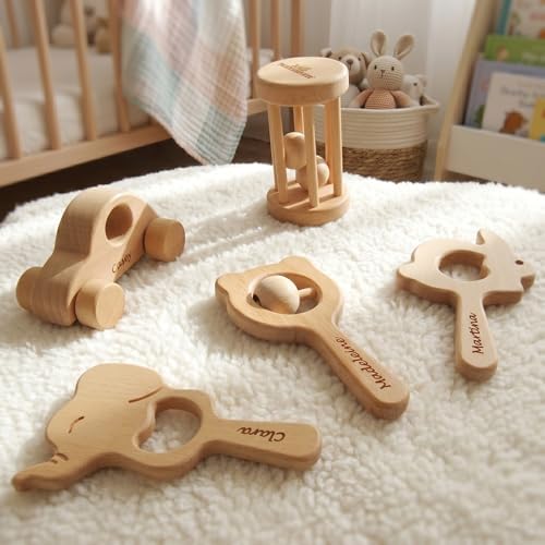 Personalized 5 Pieces Wooden Baby Toys 0-6 Months, Customized Teething Toys Baby Rattles 0-6 Months, Wood Teething Toys Gifts for Baby, Customizable Montessori Wooden Toys for Babies 5 Pieces - Image 7