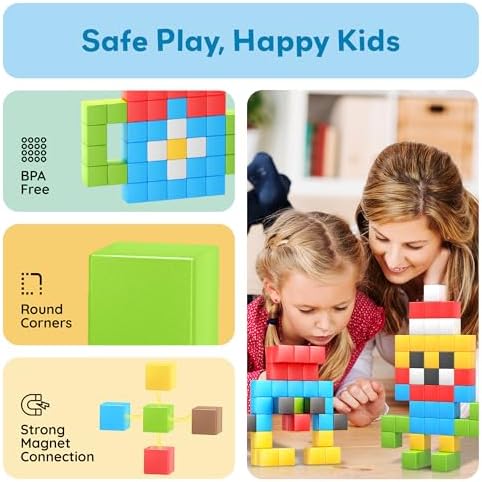 PicassoTiles 102pcs Pixel Magnetic Puzzle Cube 1” Pixel Mix & Match Toys with Ideabook STEM Education Learning Building Block Magnets Construction ToySet Stacking Creative Kit for Kids Age 3+ PMC102 - Image 6