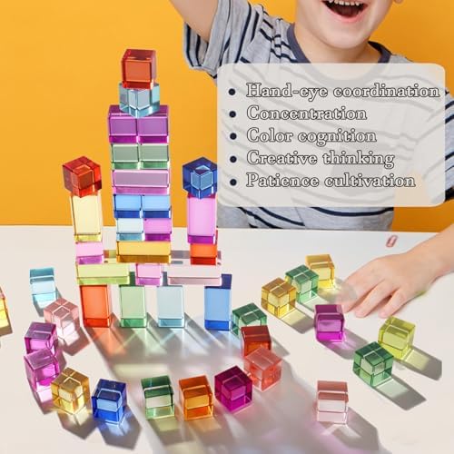 Dinhon 60 Pcs Acrylic Blocks - 10 Colors Rainbow Gem Blocks, 2.5x2.5cm Crystal Cubes Stacking Rainbow Toy for 1-5 Years Old, Light Table Blocks Birthday Gift - Image 5