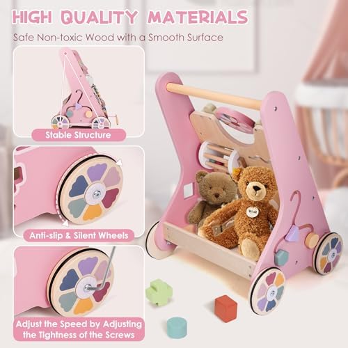 Wooden Baby Walker and Activity Center for Toddler Girl 10-12 Months, Pink - Image 3