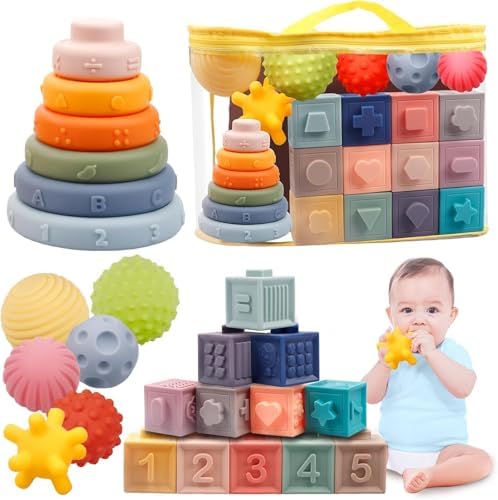 Montessori Baby Toys 18M+, 3 in 1 Stacking Blocks Rings & Sensory Balls by Plunack