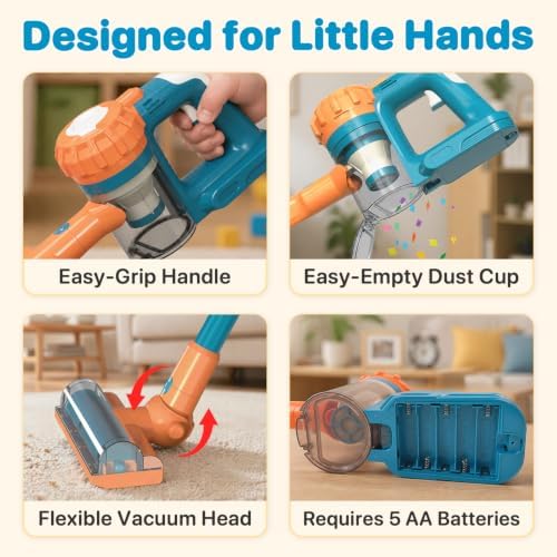 3-in-1 Kids Vacuum that Really Works - Toddler Vacuum Cleaner with Real Suction, Pretend Play Housekeeping & Cleaning Toy Set for Kids Ages 3+ (Blue) - Image 6