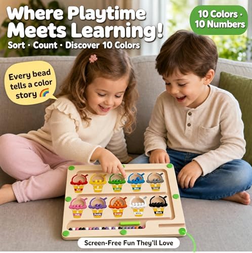 Magnetic Color & Number Maze, Montessori Wooden Puzzle Board, Educational Magnet Toy for Toddlers 2 3 4 5 Years Old, Fine Motor Skills Learning Game, Birthday for Boys Girls (ice Cream) - Image 3