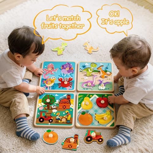 Wooden Toddler Puzzles - 4 Pcs Eco-Friendly Animal Patterns Jigsaw With Handles - Infant Kid Fine Motor Skill Learning Educational Montessori Toys for 1-3 Years Old - Image 4