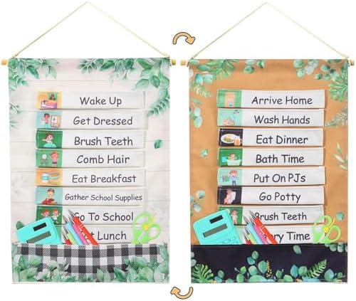 Blosssound Visual Schedule for Kids Daily Routine Chart Reversible Chore Chart Eucalyptus Morning Evening Routines Pocket Charts with 28 Cloth Cards for Home School Preschool Children with Autism by Blosssound